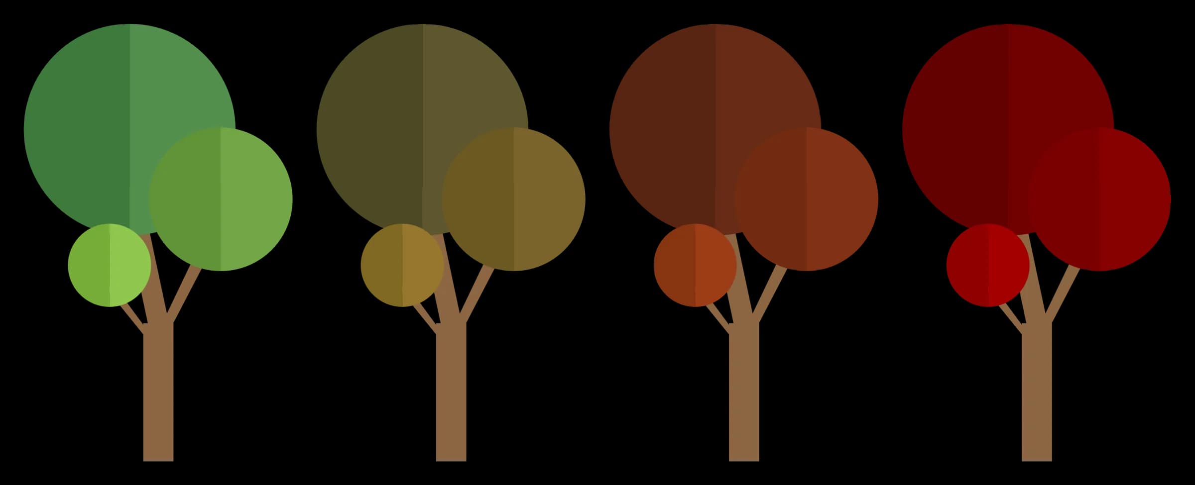 The round tree species at full growth drawn at four health levels, from healthy green through olive and rust to deep crimson.