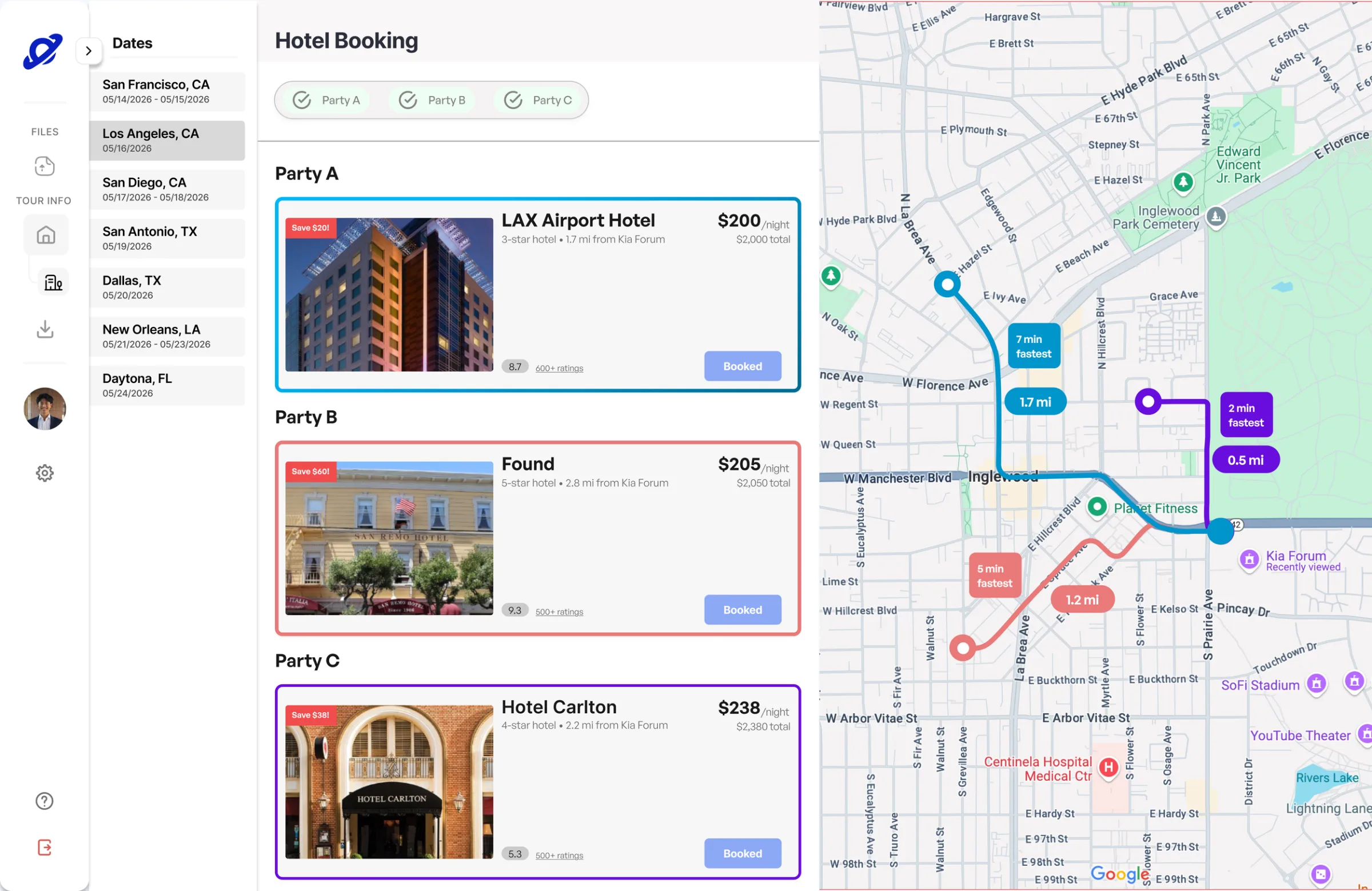 Orbit’s Hotel Booking screen: a list of tour cities and dates, colour-coded hotel cards for Party A, B and C with nightly prices, and a map with blue, red and purple routes from each hotel to the venue, with walking times.