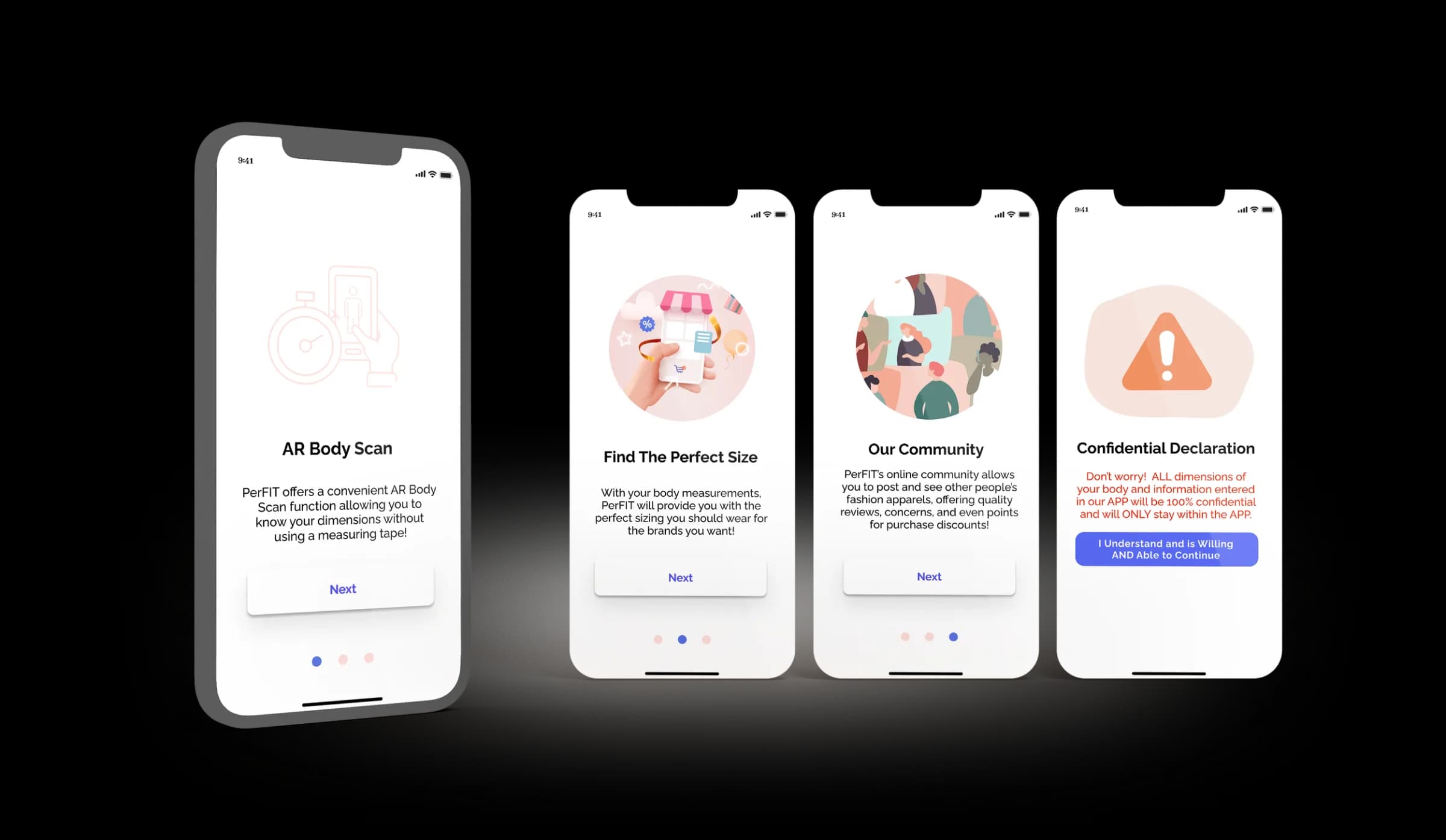 Four onboarding screens in phone frames: AR Body Scan, Find The Perfect Size, Our Community and a Confidential Declaration screen with a warning icon.
