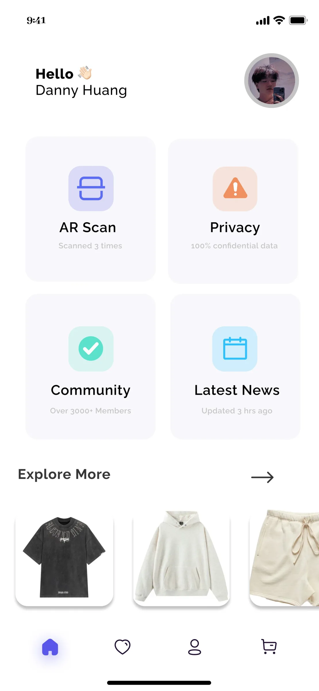 PerFIT home screen: a “Hello Danny Huang” greeting, four tiles for AR Scan, Privacy, Community and Latest News, and an Explore More row of clothing.