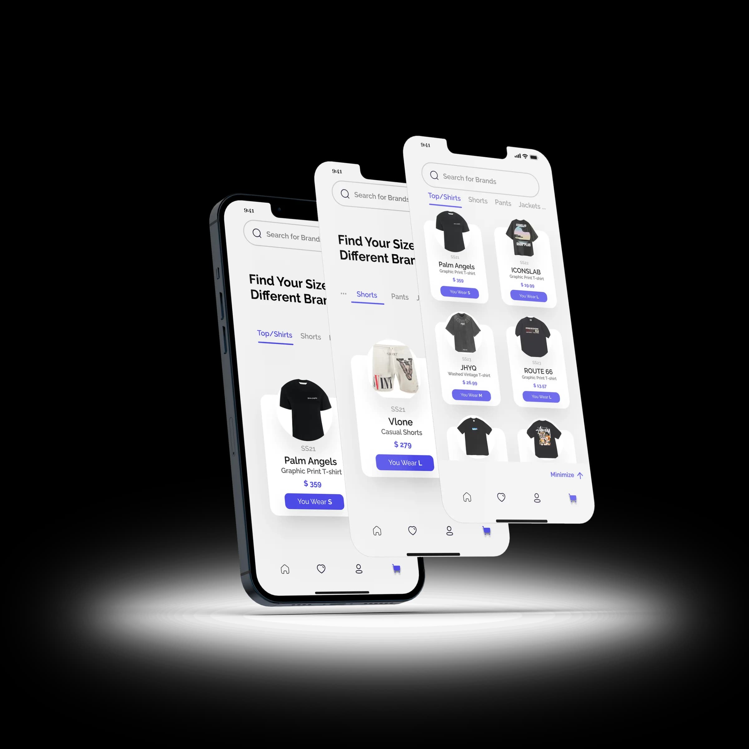 Shopping section: phones showing “Find Your Size, Different Brands” product grids of T-shirts and hoodies, each with a recommended size.