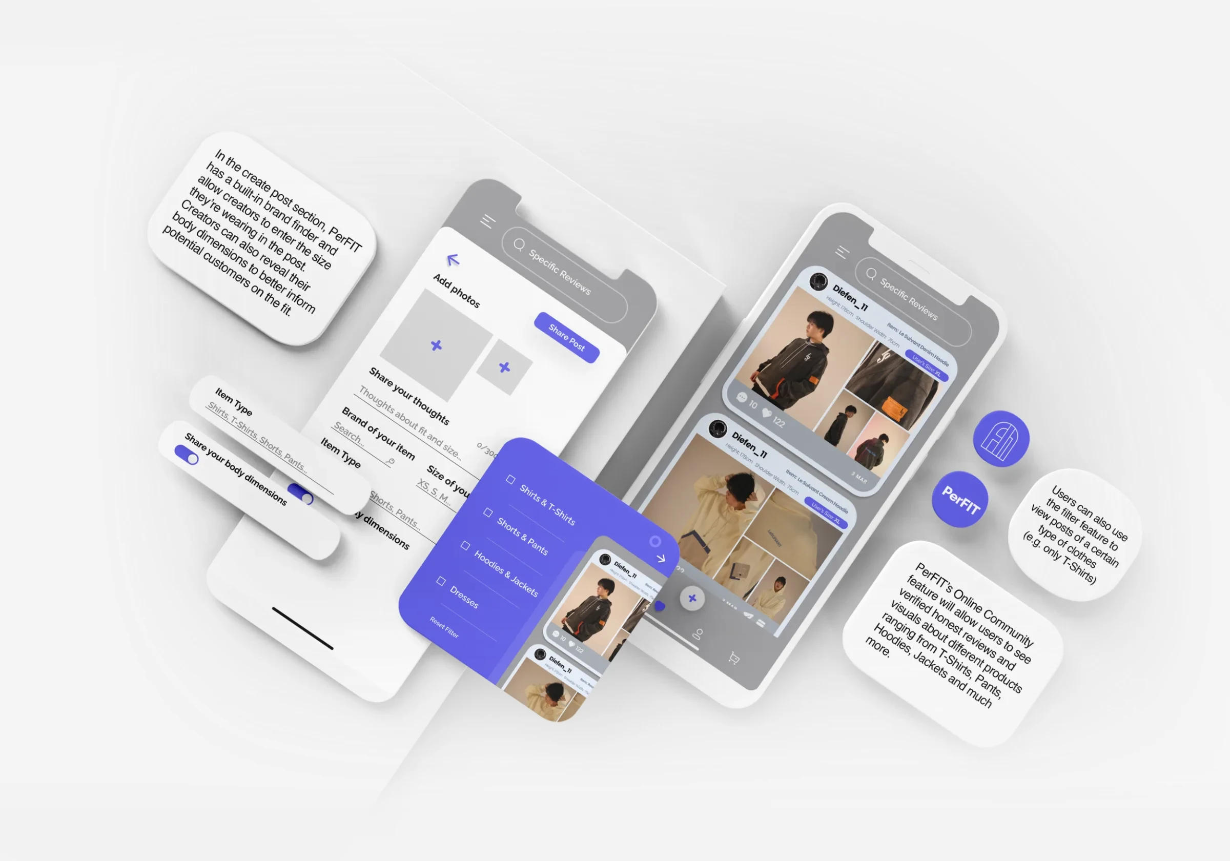 Community forum mockup: a create-post screen with a brand finder, size and a toggle to share body dimensions, a category filter, and a feed of outfit posts showing each creator’s height, shoulder width and size worn.