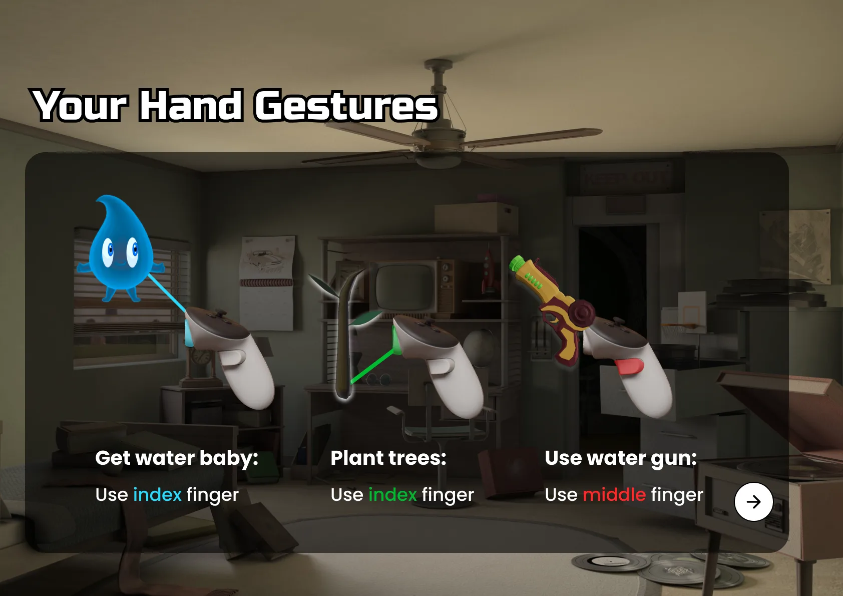 Onboarding screen “Your Hand Gestures”: get water babies and plant trees with the index finger, use the water gun with the middle finger, shown on Quest controllers.