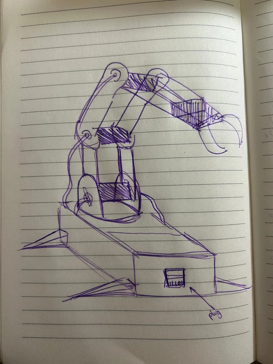 Ballpoint low-fi sketch in a lined notebook: the arm on a boxy base, with hatched joints, a claw at the end and a port on the base