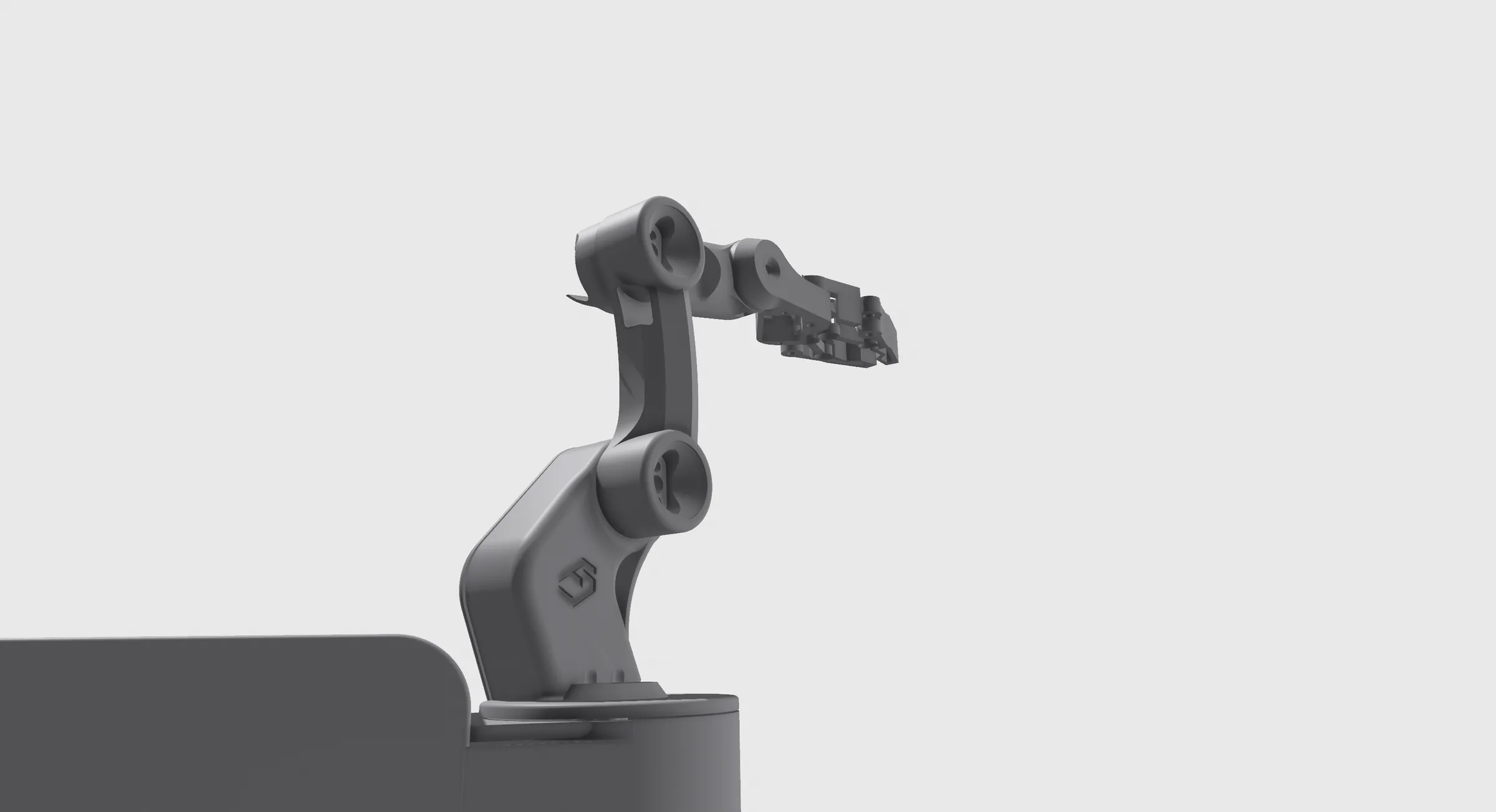 Grey CAD render from a low front angle: the curved shoulder tower and forearm link rising from the base, claw pointing right, on a light grey backdrop