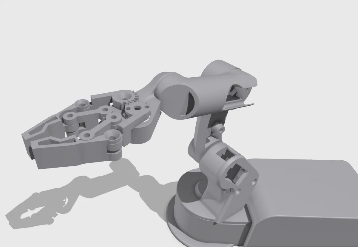 Close-up grey CAD render of the claw: two fingers on hinge links driven by a pair of meshed gears, attached to the forearm and turntable