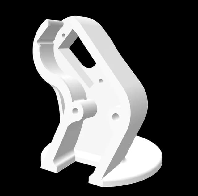 Printed part 01, rendered in white on its own: an upright curved bracket with a servo pocket and screw holes on a round disc foot
