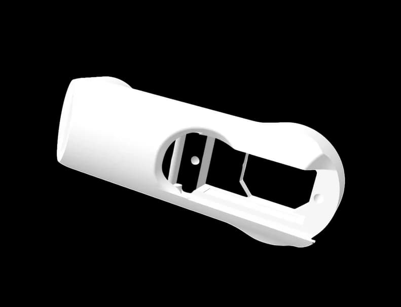Printed part 02, rendered in white on its own: a hollow tubular link with a rectangular servo window