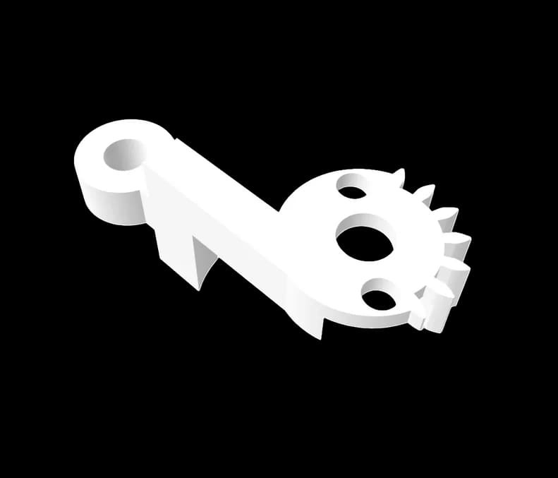 Printed part 03, rendered in white on its own: a lever arm ending in an integrated gear sector