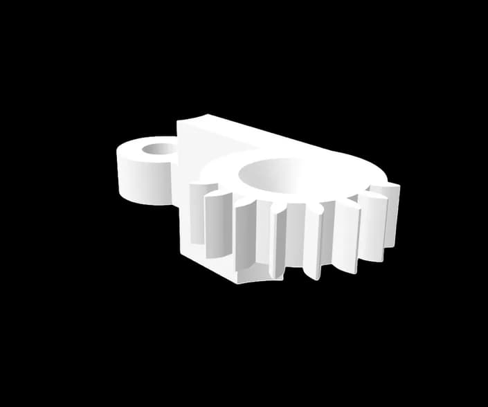 Printed part 04, rendered in white on its own: a compact spur-gear block with a mounting lug