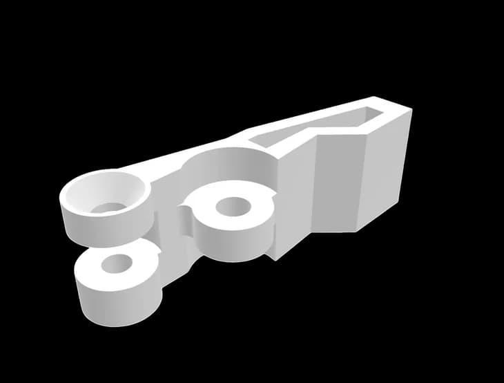 Printed part 05, rendered in white on its own: a claw finger link with three pivot bosses and a paddle
