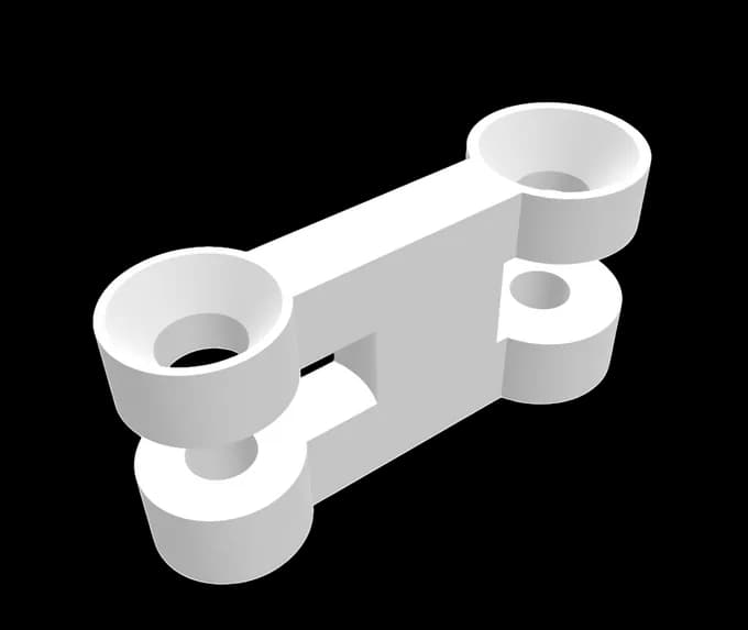 Printed part 12, rendered in white on its own: an H-shaped link with countersunk pivot bosses