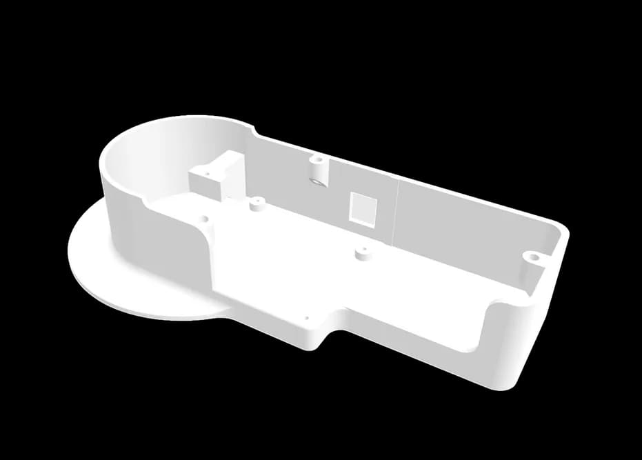 Printed part 14, rendered in white on its own: an open-top enclosure tray with a round turntable platform