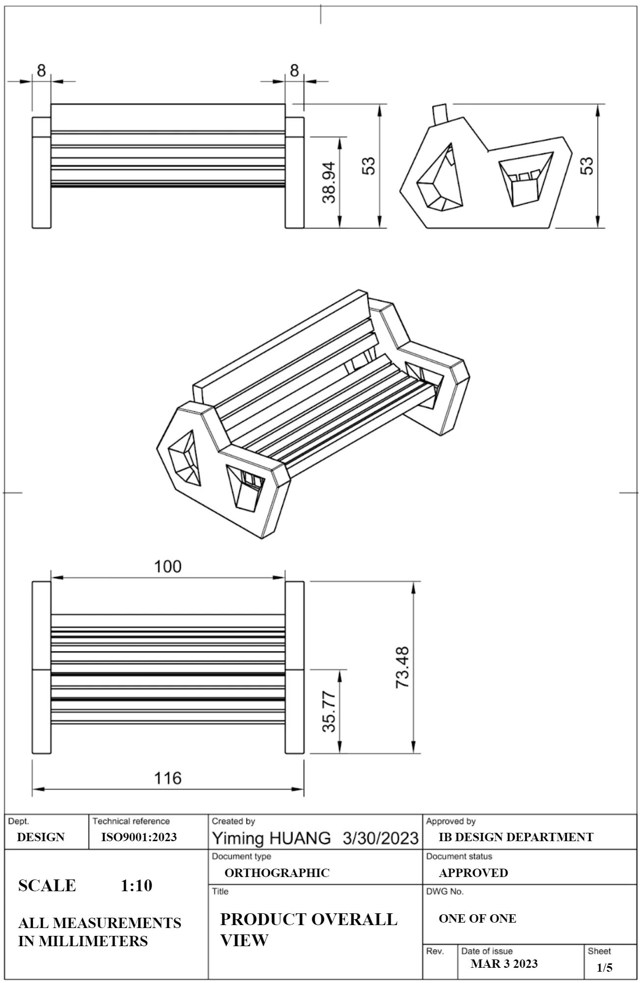 Orthographic drawing, sheet 1 of 5, “Product Overall View” at 1:10: front, side and isometric views of the bench with dimensions.