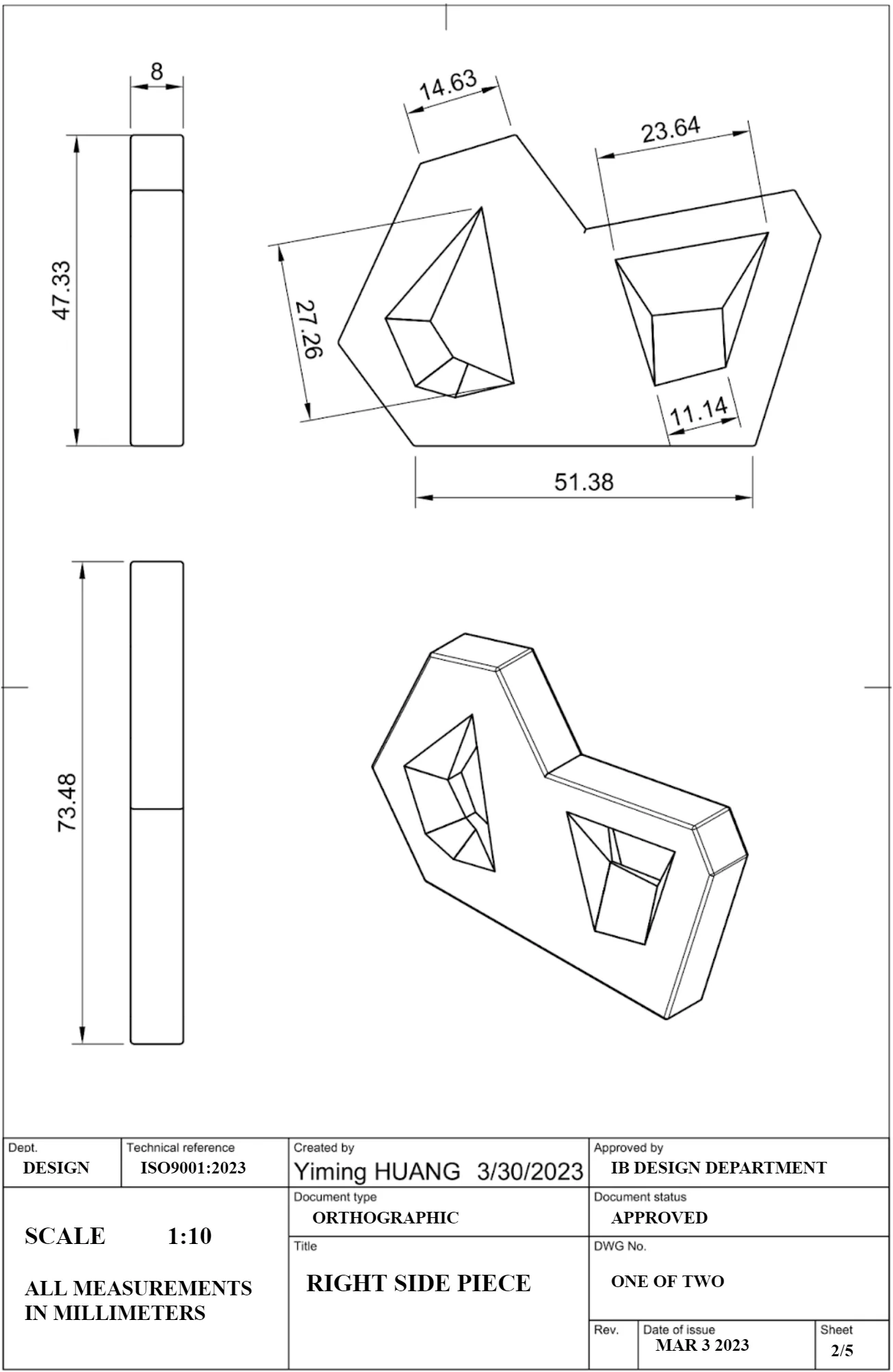 Orthographic drawing, sheet 2 of 5, “Right Side Piece”: dimensioned views of the faceted side frame with its two carved LED cavities.