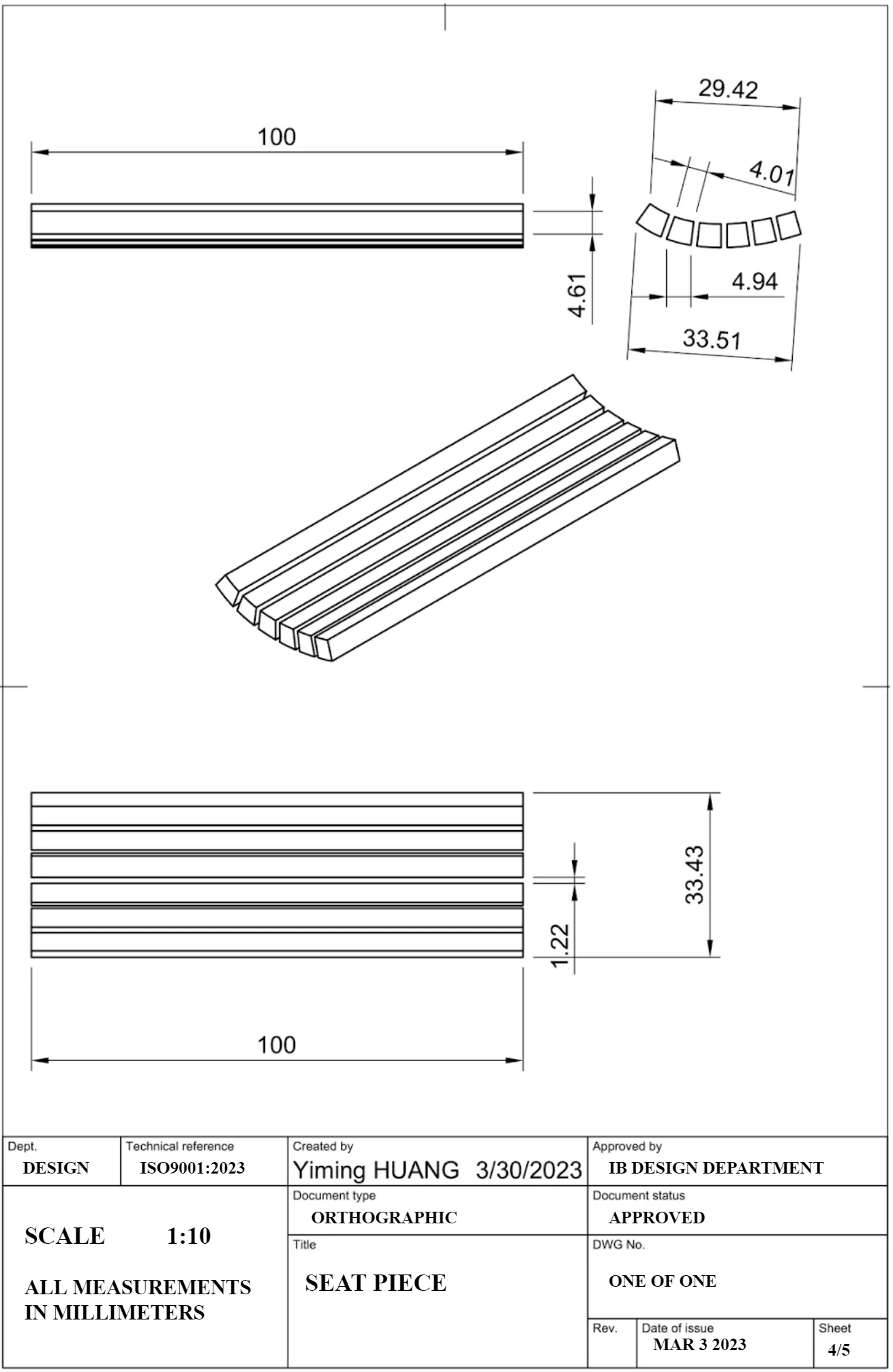 Orthographic drawing, sheet 4 of 5, “Seat Piece”: plan, section and isometric views of the six curved seat slats.