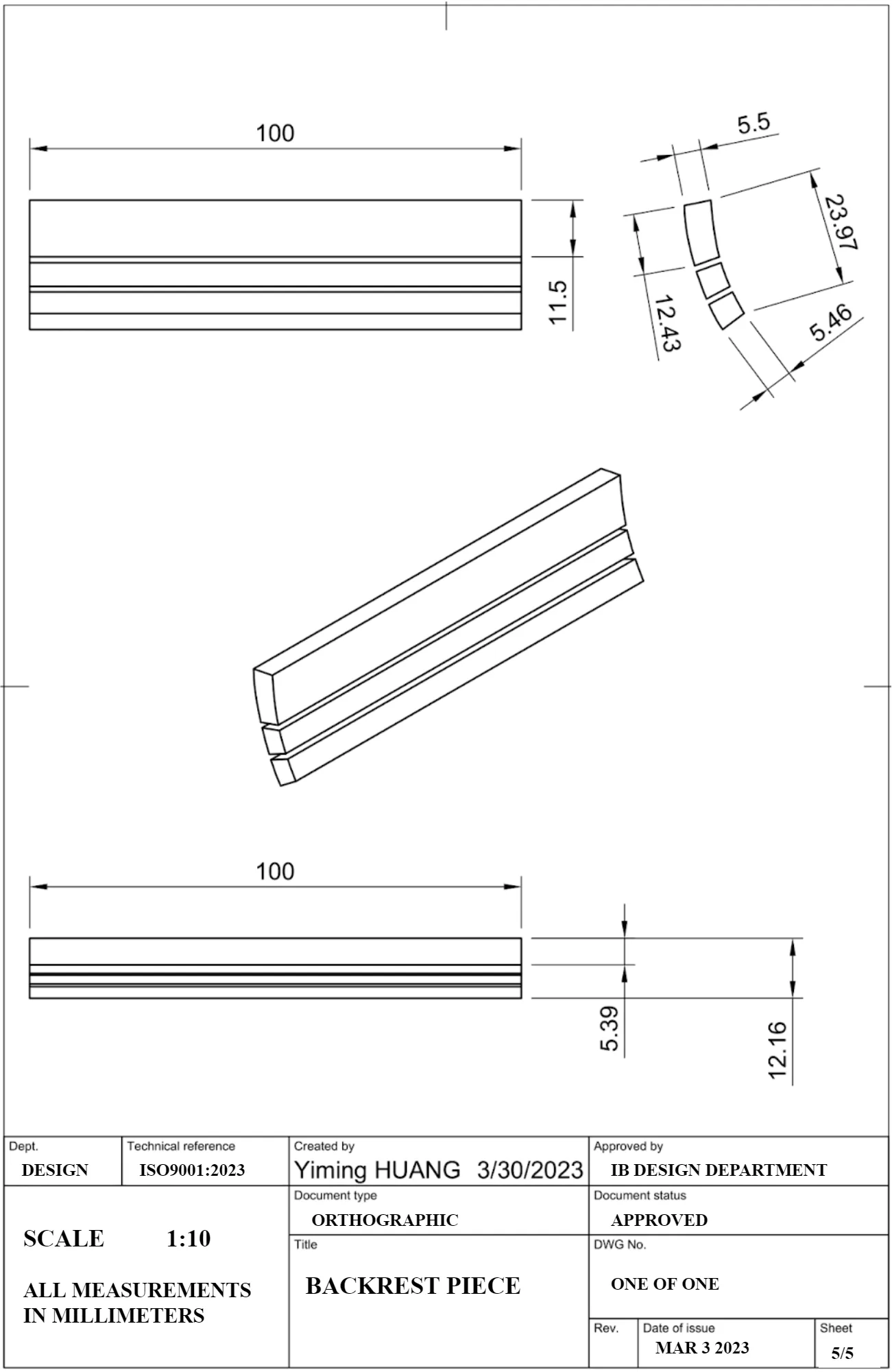 Orthographic drawing, sheet 5 of 5, “Backrest Piece”: dimensioned views of the three curved backrest slats.