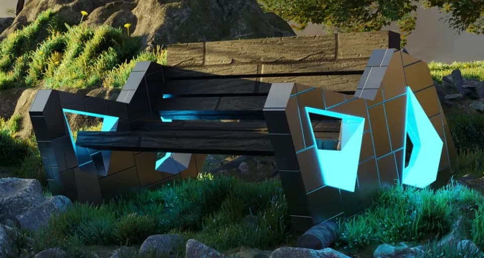 Close-up of the rendered bench: cyan light glowing from the carved cavities in the faceted side frames, spilling onto the grass around the dark wooden slats.