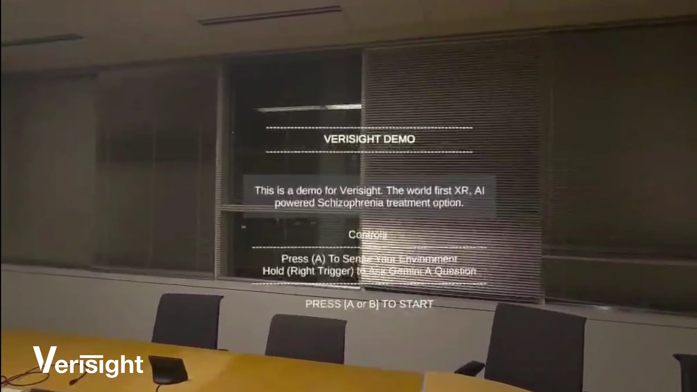 Passthrough capture of a conference room with the floating VERISIGHT DEMO menu: “Press (A) to sense your environment, hold (right trigger) to ask Gemini a question, press A or B to start.”