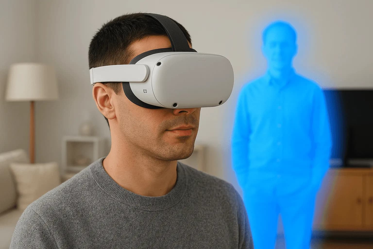 Concept image: a man wearing a Meta Quest 3 in a living room while a person behind him glows bright blue.