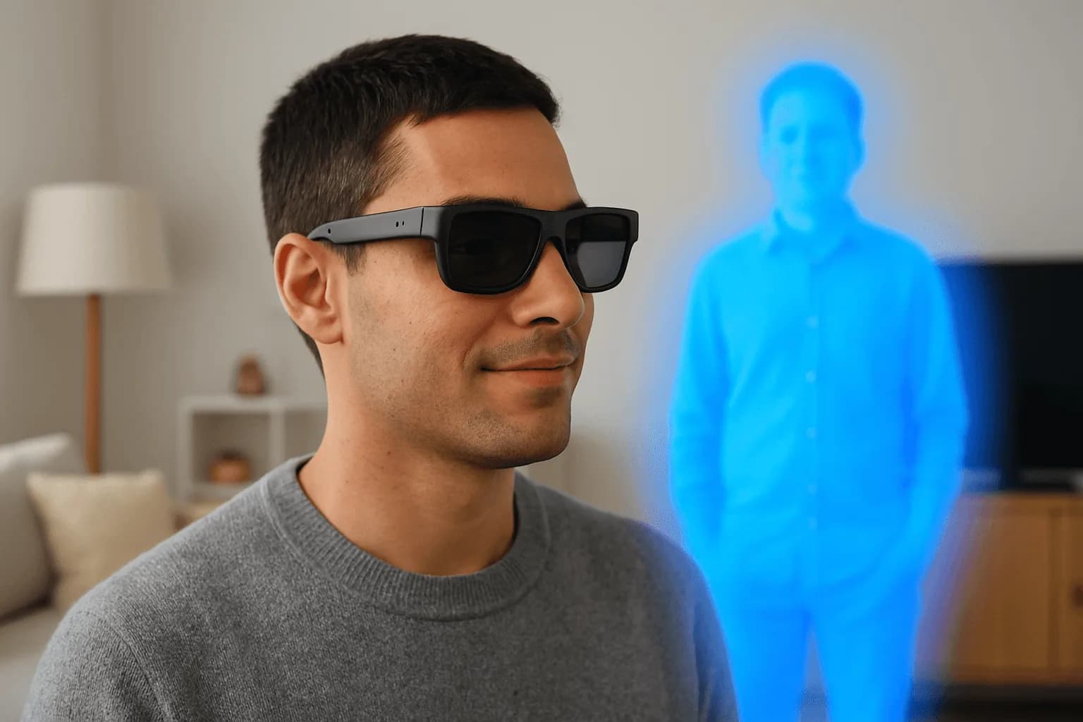 Concept image: the same man wearing slim dark smart glasses while a person behind him glows bright blue.