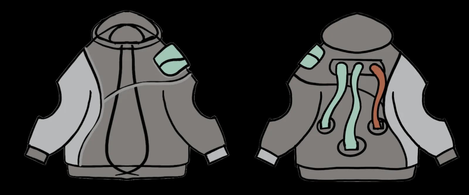 Initial design: grey hoodie front and back with mint and coral tube-like lines curving off-centre
