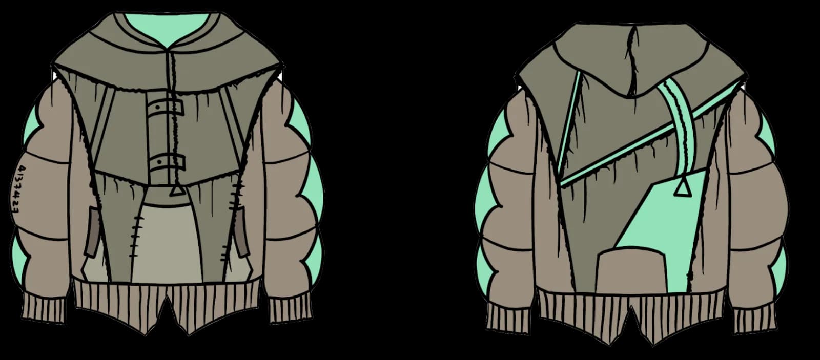 Initial design: olive utility jacket front and back with mint panels and asymmetric diagonal straps