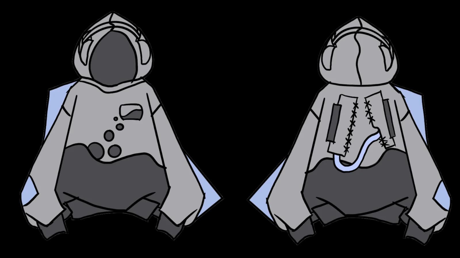 Initial design: grey hoodie with dripping dark shapes and pale blue side panels, front and back