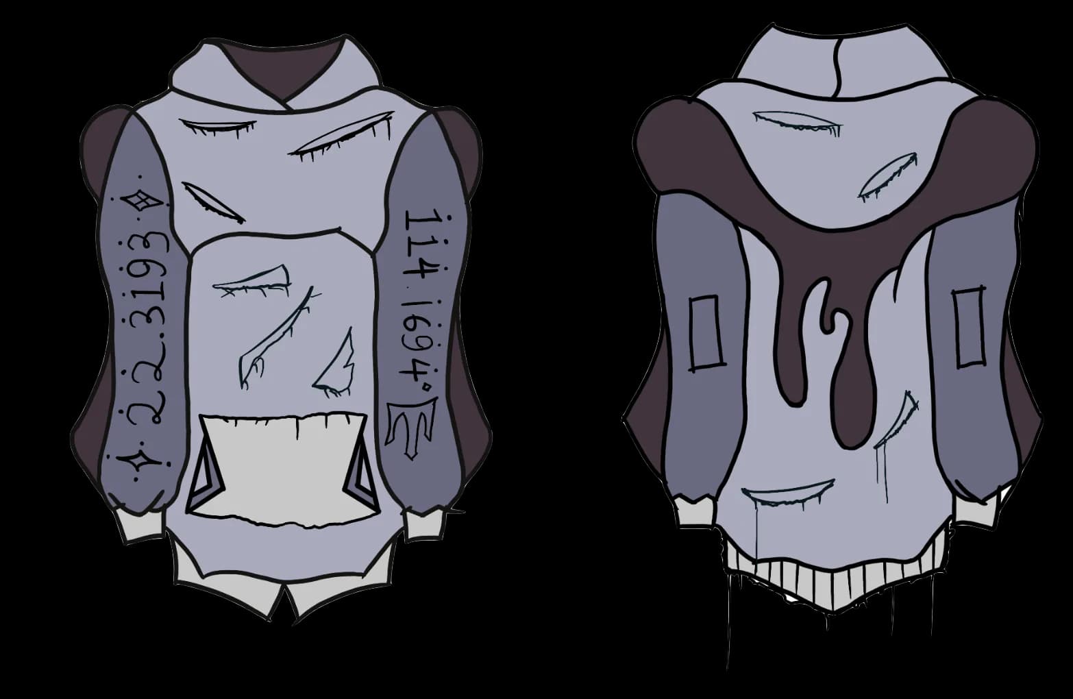 Initial design: lavender-grey hoodie with distressed slashes, scribbled numerals and a melting dark yoke, front and back