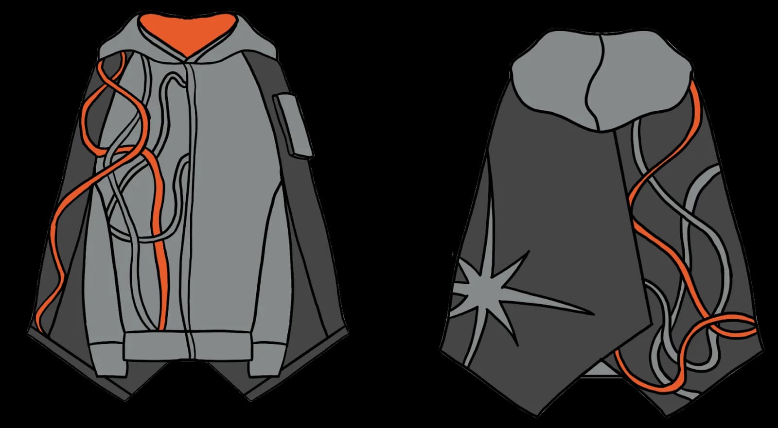 Initial design: asymmetric grey cape-hoodie with orange rope-like lines and a star burst, front and back