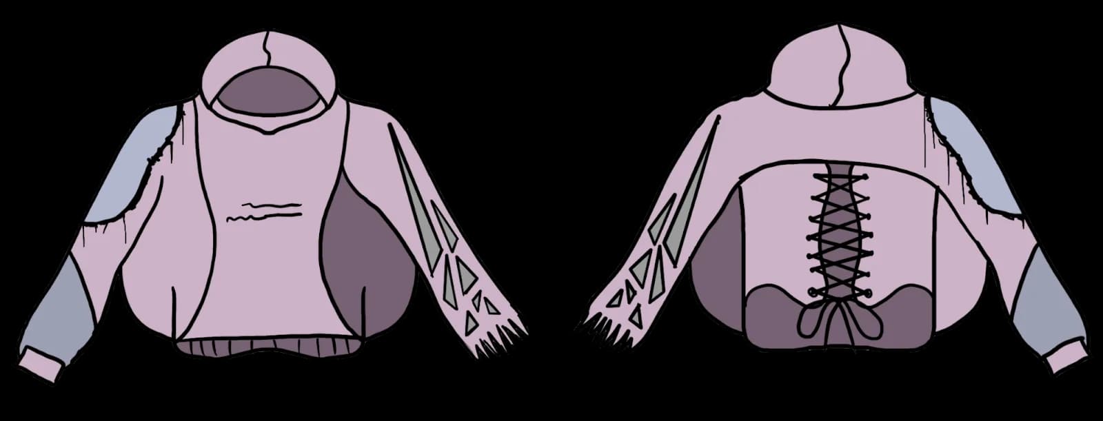 Initial design: cropped lilac hoodie with a laced back and frayed sleeves, front and back
