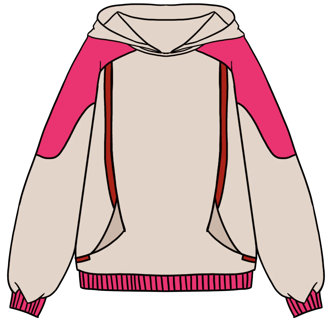 Final design: cream oversized hoodie with a hot-pink shoulder yoke and off-centre red piping, front