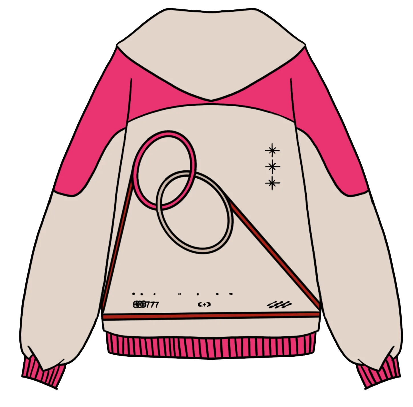 Final design: cream hoodie back with the pink yoke and an off-centre red looping line graphic