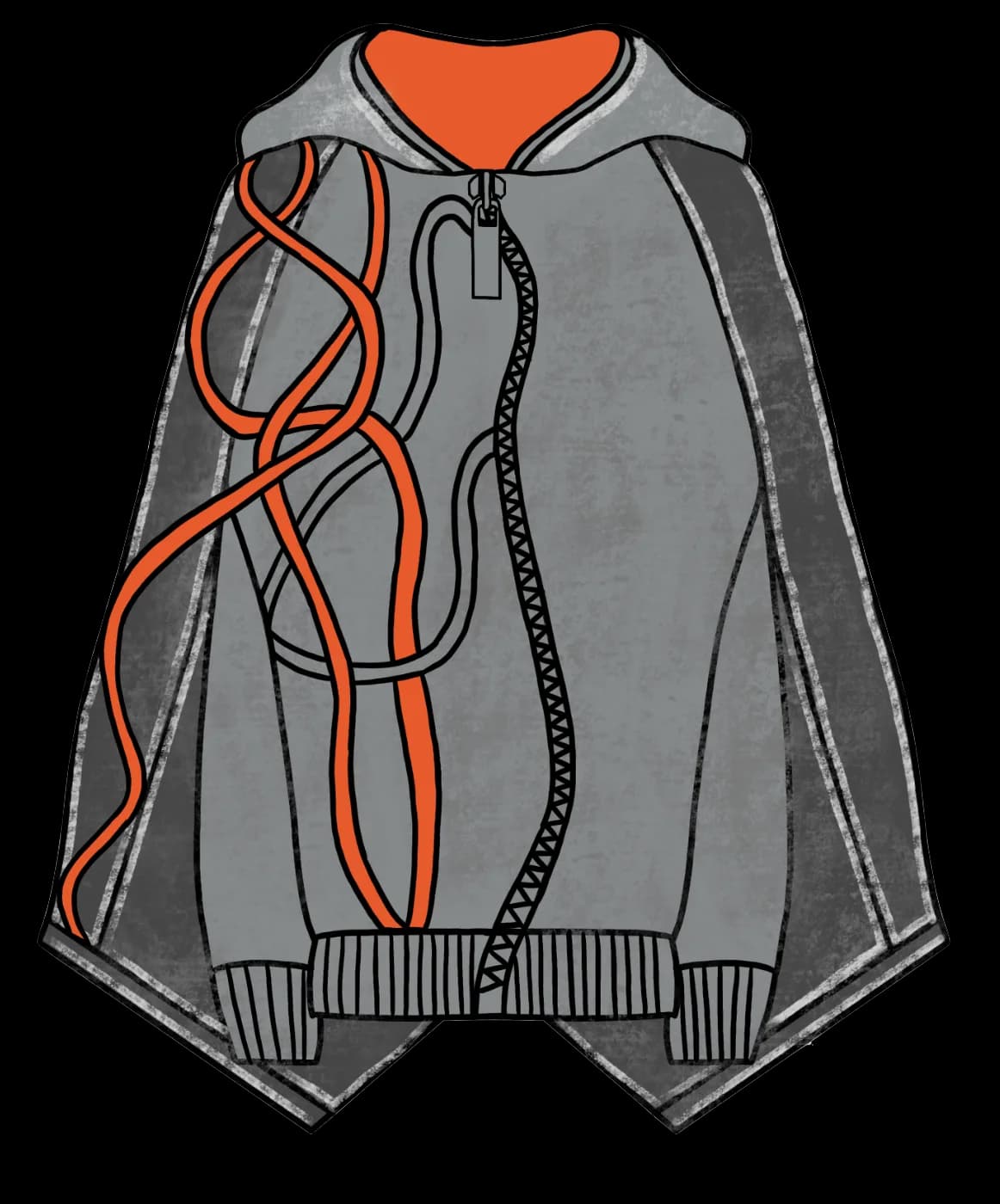 Final design: textured grey asymmetric cape-hoodie with orange cord lines and an orange hood lining, front