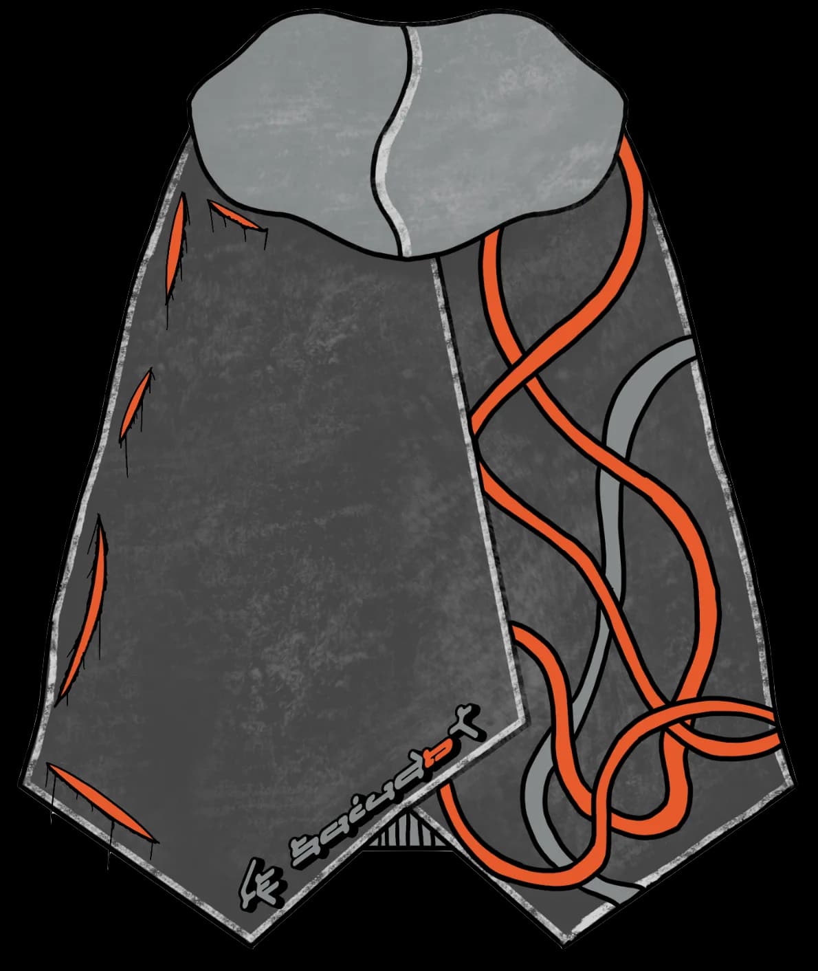 Final design: grey cape-hoodie back with flowing orange cord lines and hem detailing