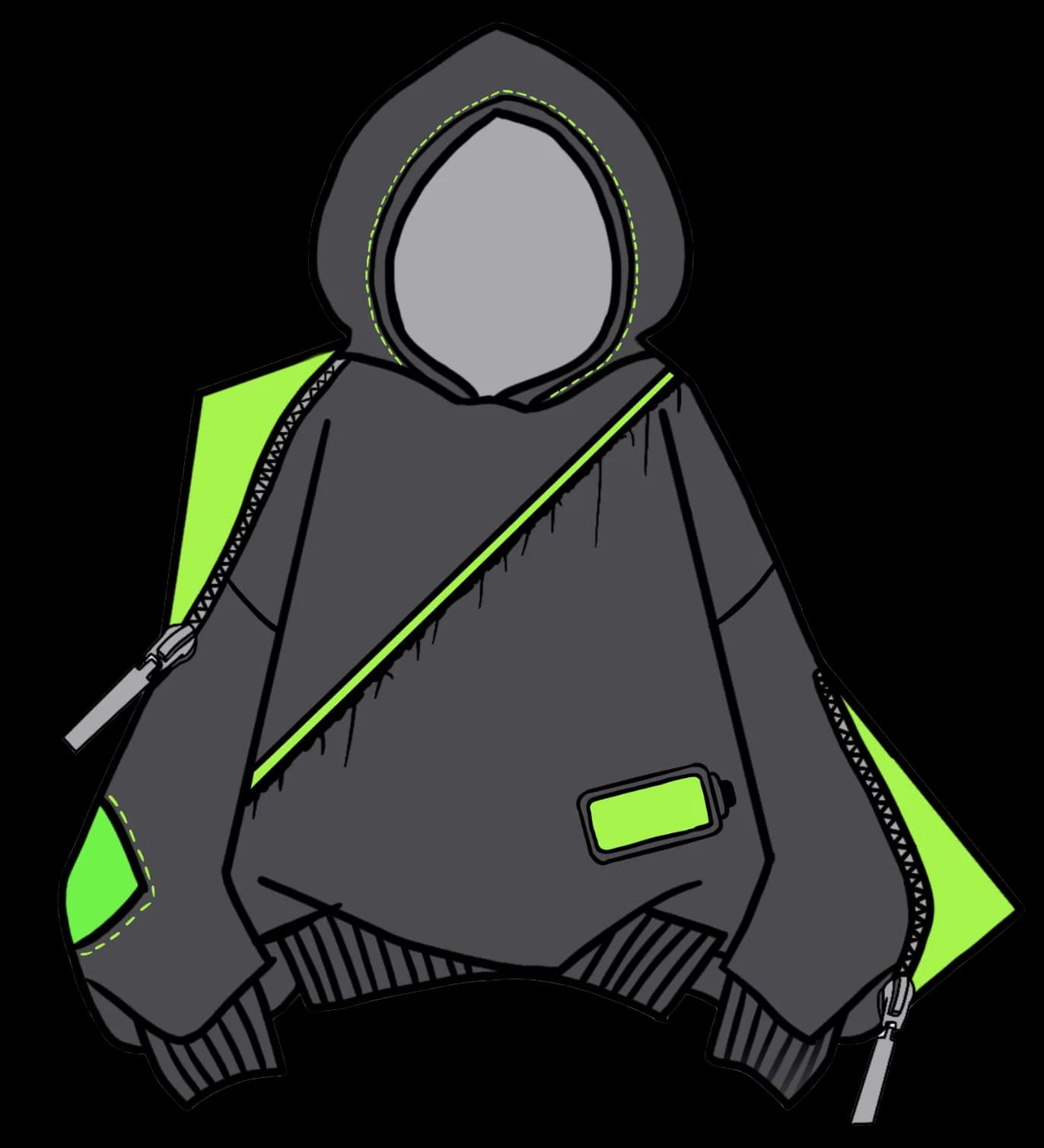 Final design: charcoal oversized hoodie with a neon-green diagonal zip, green side panels and pocket, front