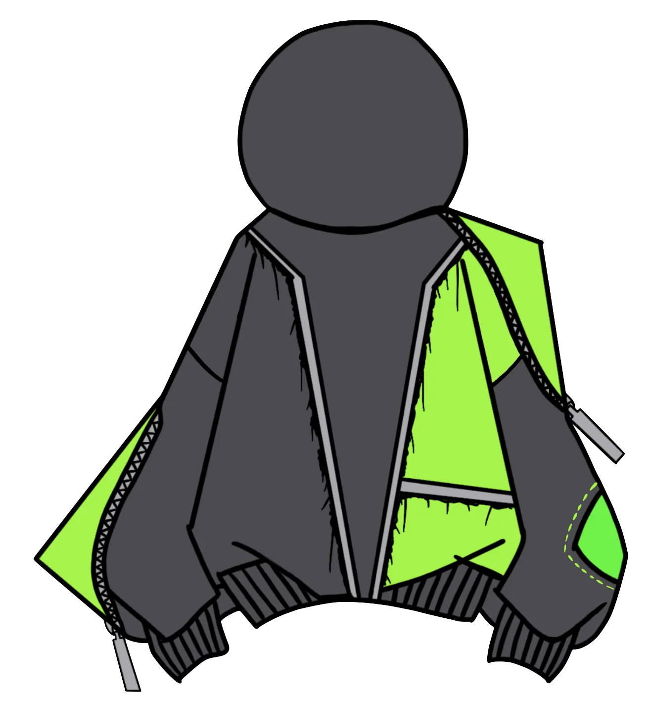Final design: charcoal hoodie back with an off-centre neon-green panel and zip