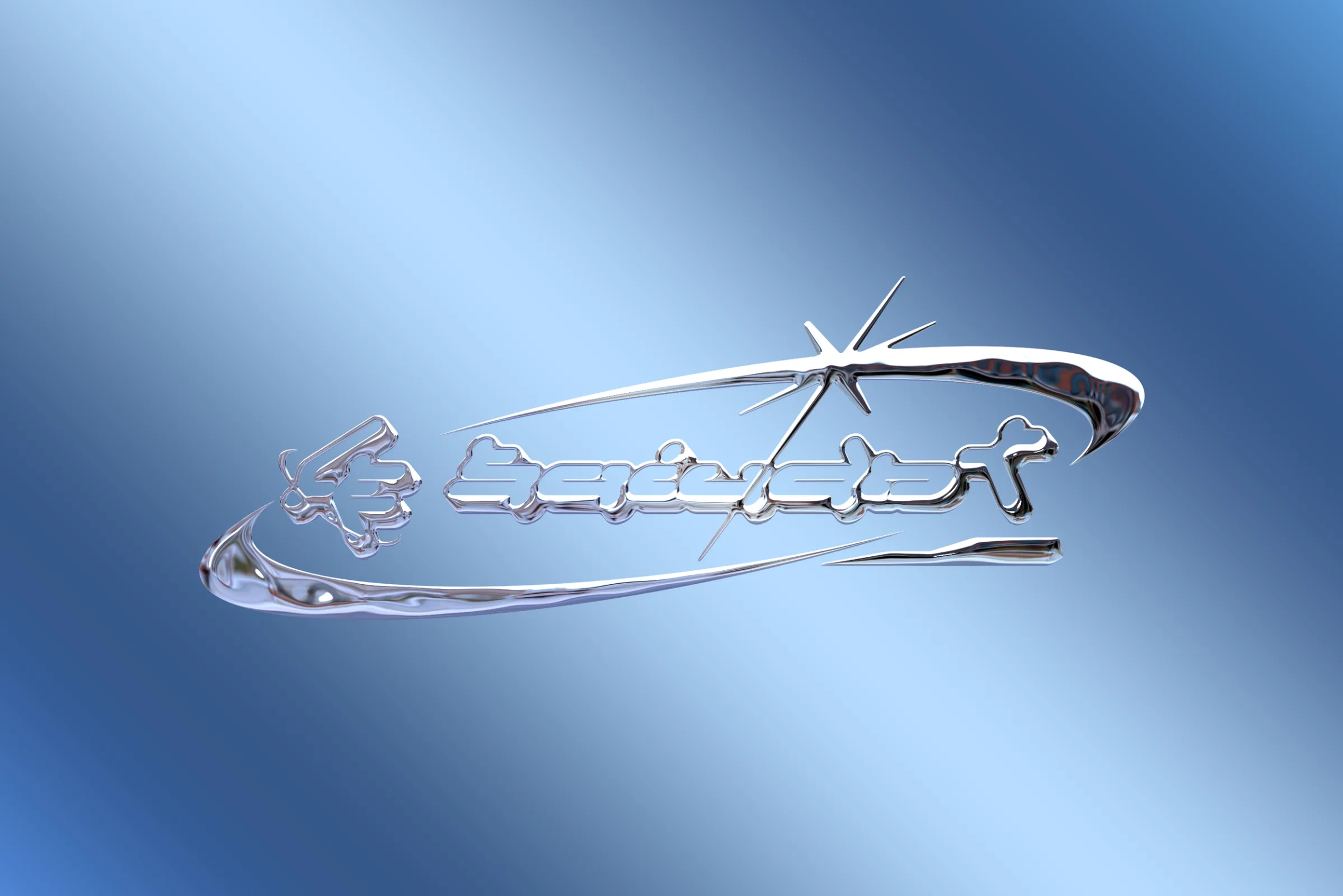 Le Suivant chrome logo with an orbiting ring and a sparkle on a blue gradient