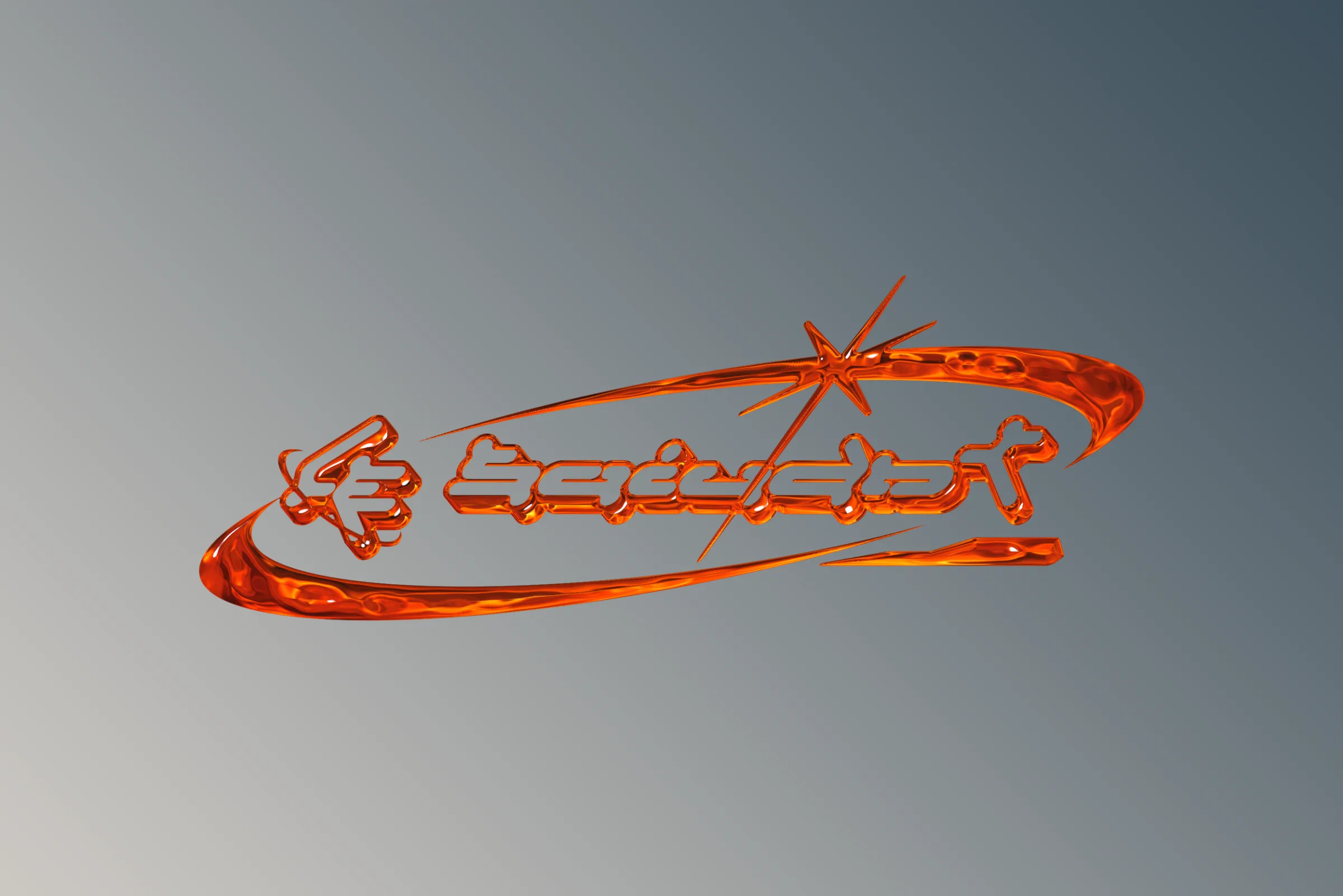 Le Suivant logo rendered as molten orange-red liquid fire with an orbiting ring on a grey gradient