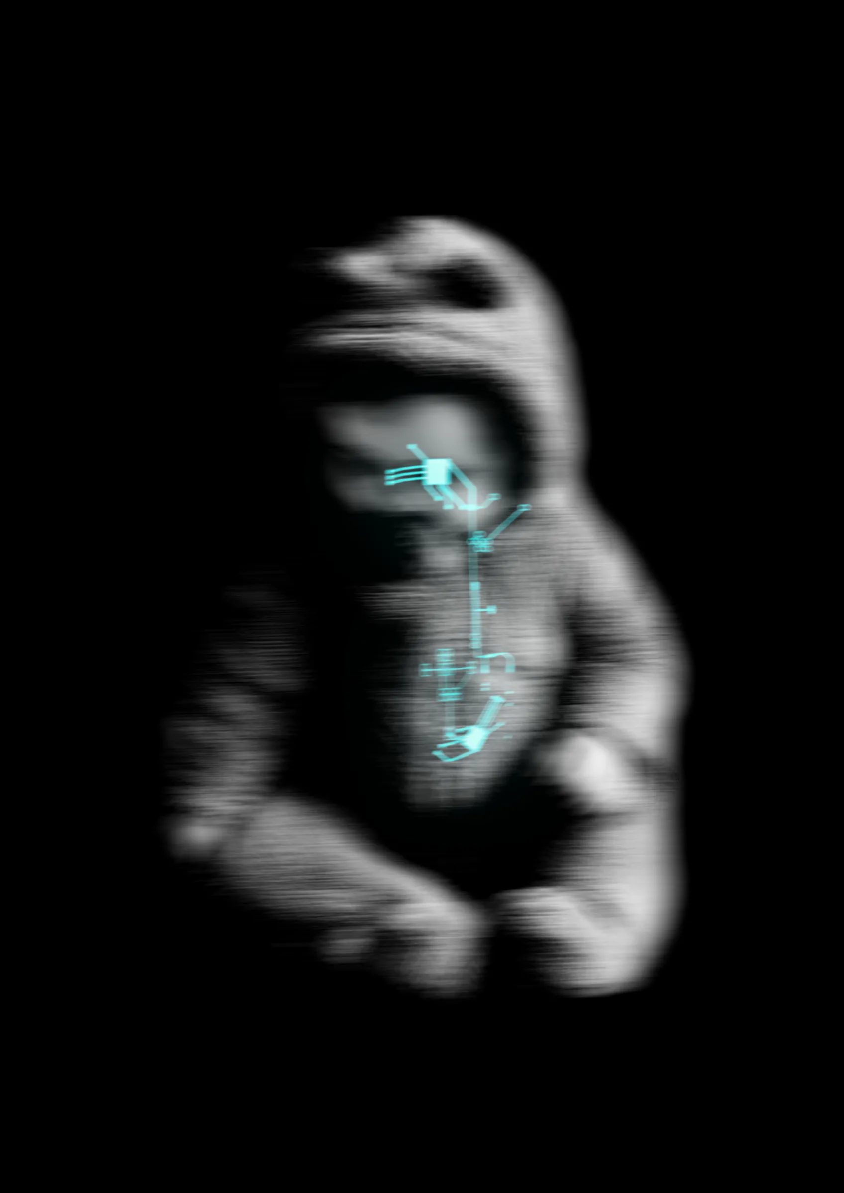 Front artwork for the Birth tee: a motion-blurred greyscale baby with cyan circuit chips running from its eyes to its heart, on black