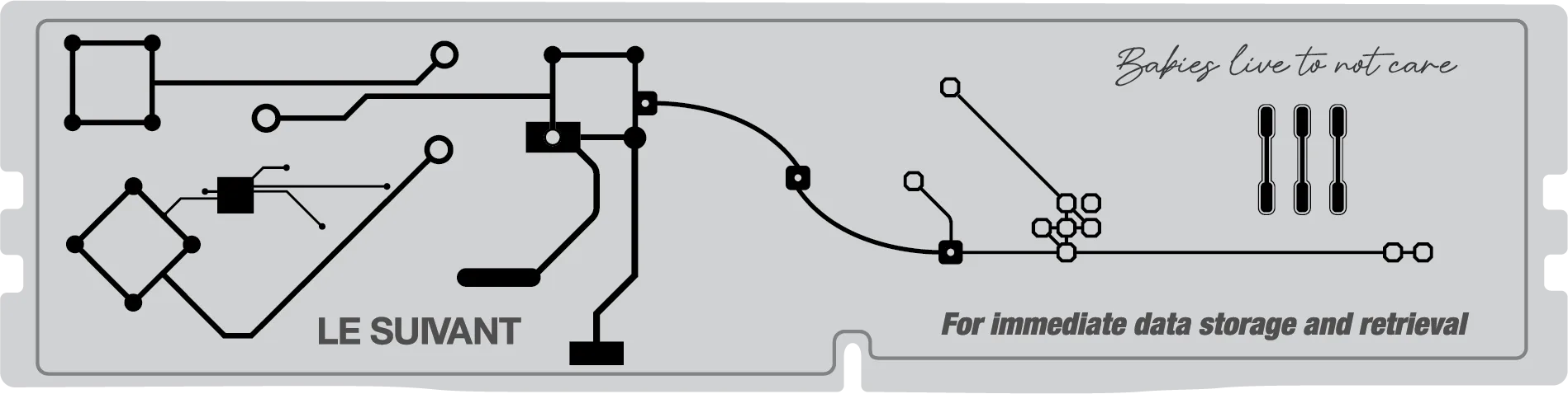 Flat artwork of the rubberised RAM tag with circuit traces, Le Suivant branding and the line “For immediate data storage and retrieval”