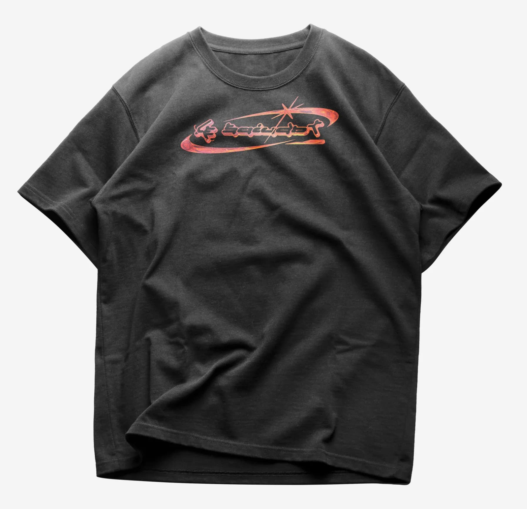 Black T-shirt front mockup with a red liquid-chrome Le Suivant logo across the chest