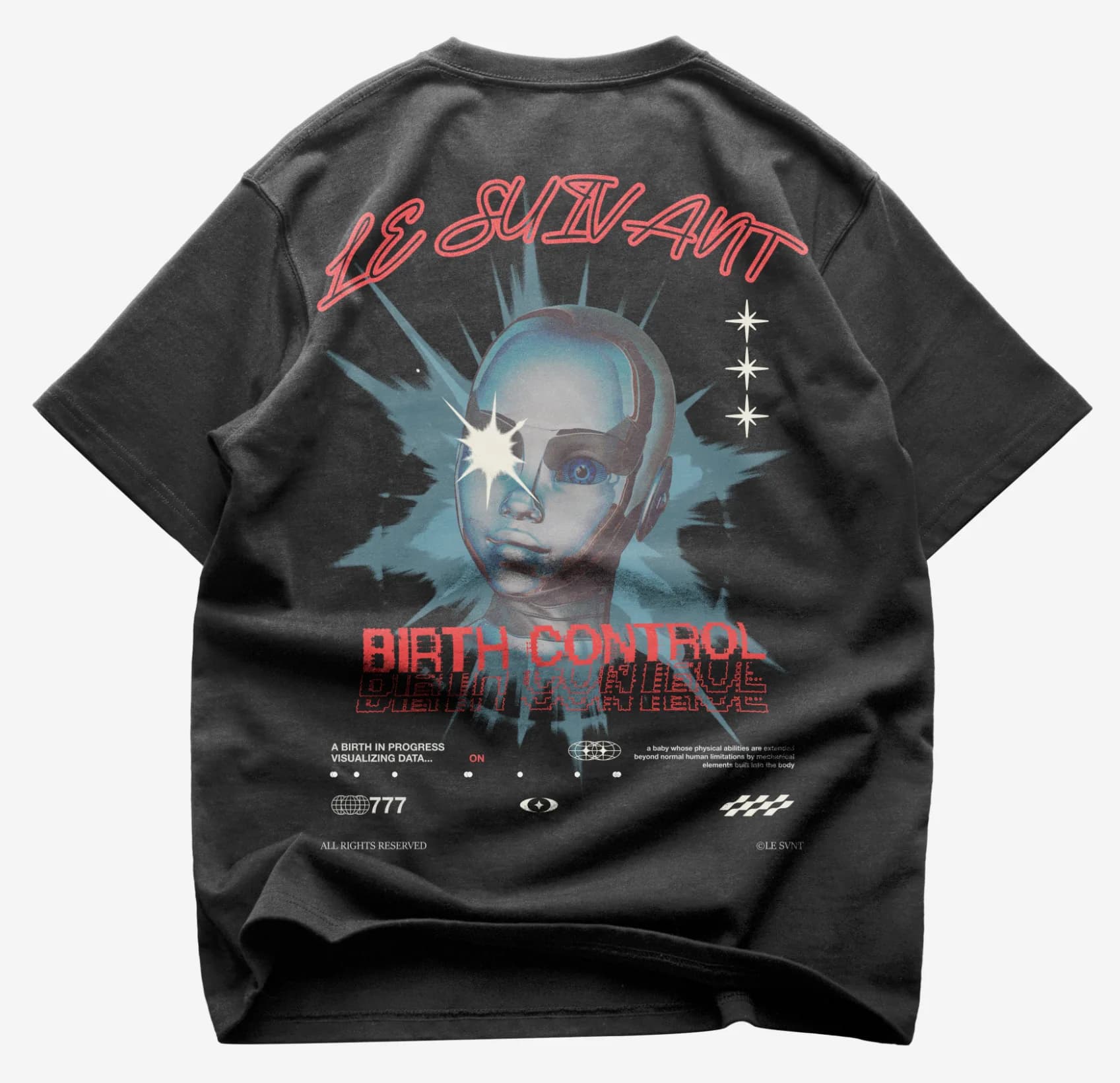 Black T-shirt back mockup printed with the red-and-blue Birth Control cyborg baby graphic