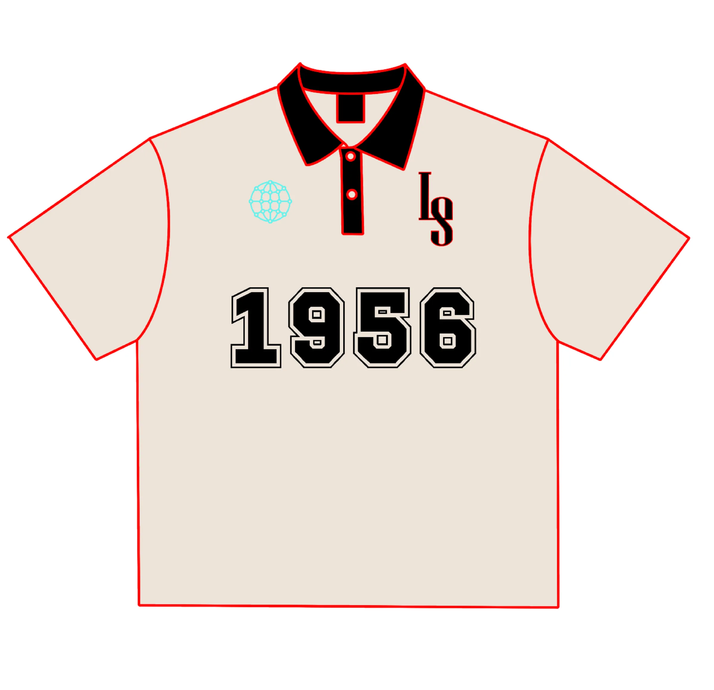 Technical flat of the blanched-almond oversized mesh polo with black collar, LS monogram and varsity 1956 numerals