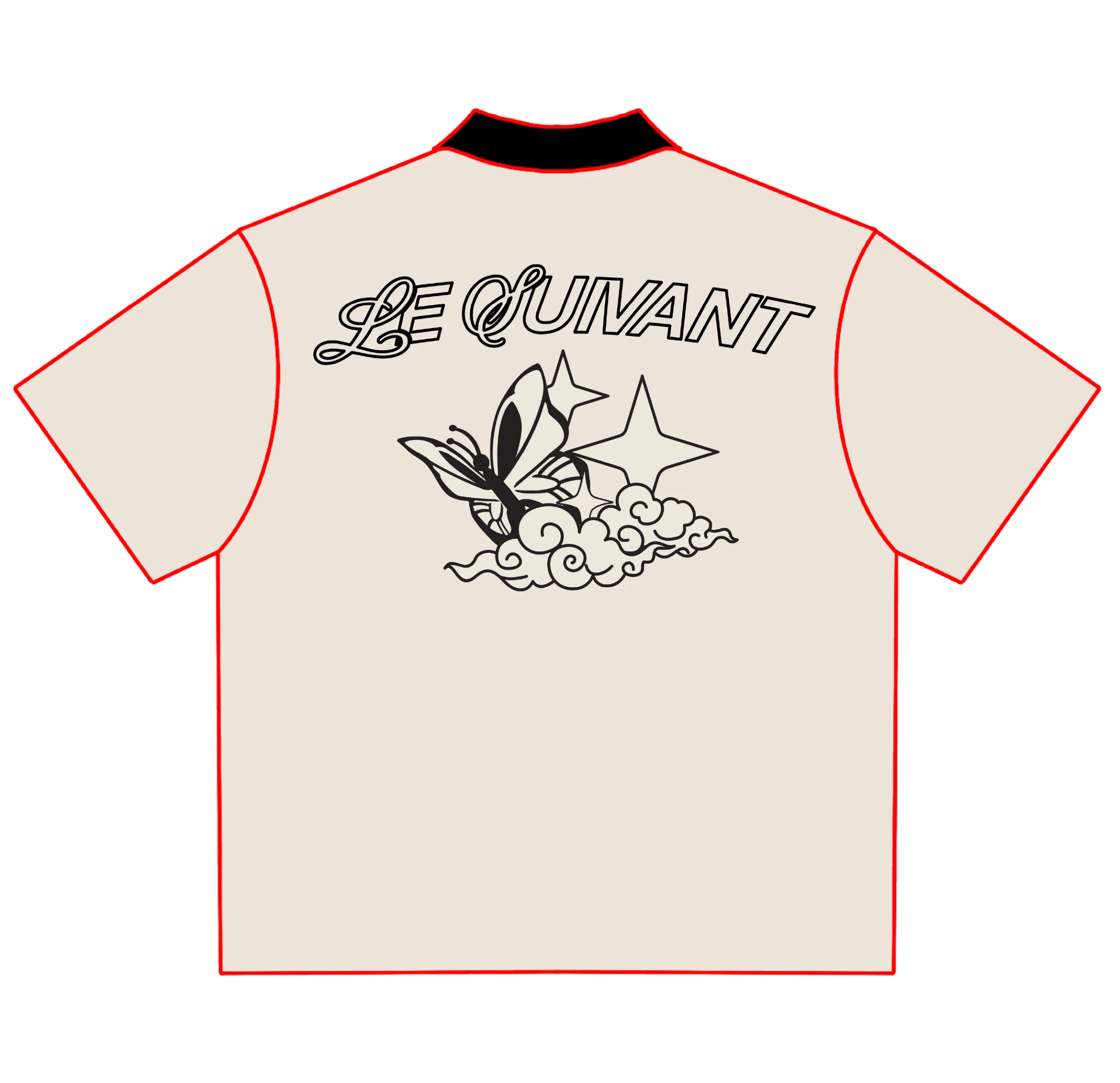 Technical flat of the polo back screen-printed with the Le Suivant script, a butterfly, a star and a cloud