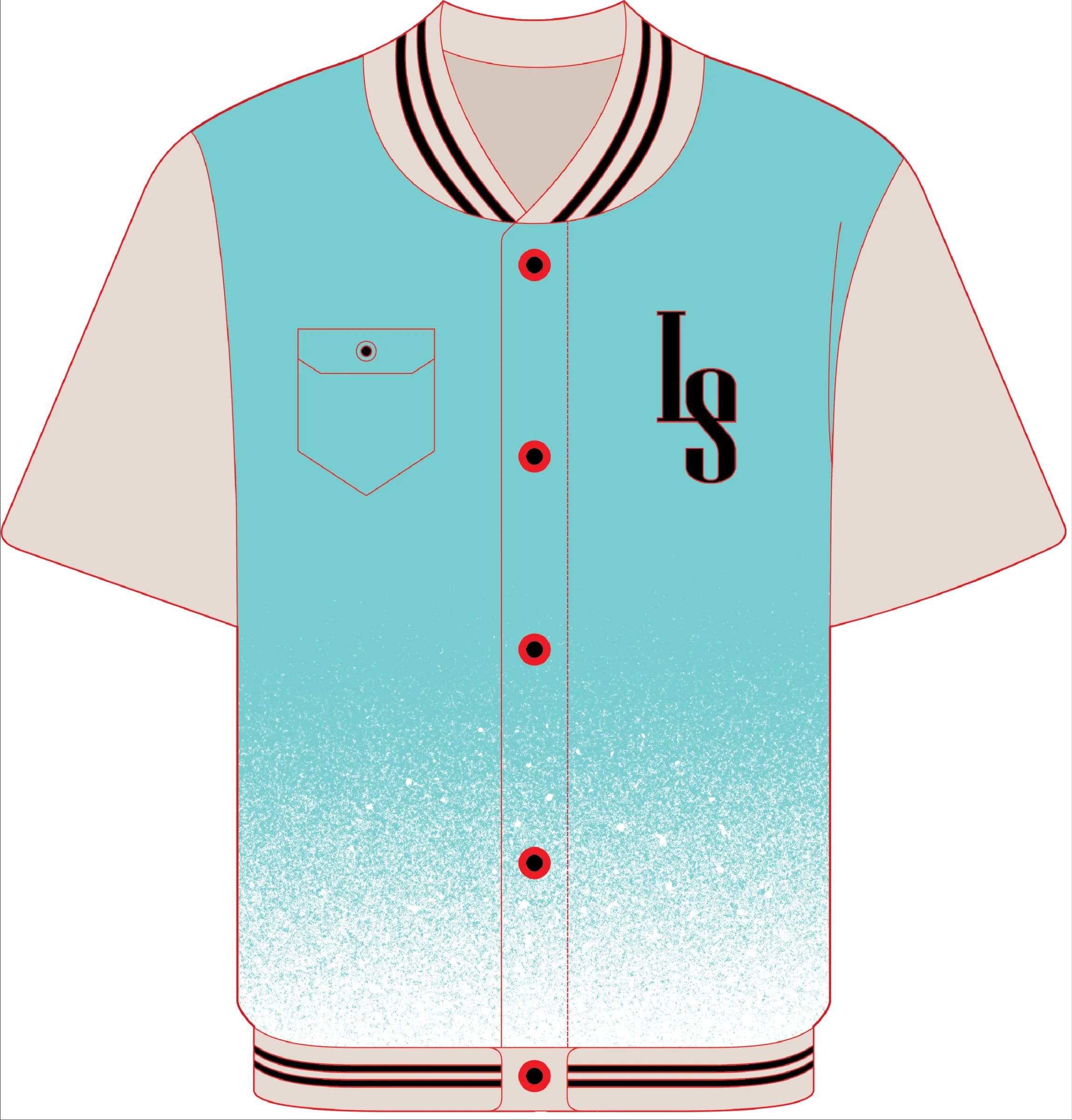 Technical flat of the Chip Body bomber front: cyan denim body fading to white at the hem, cream synthetic-leather sleeves, striped rib collar and LS monogram