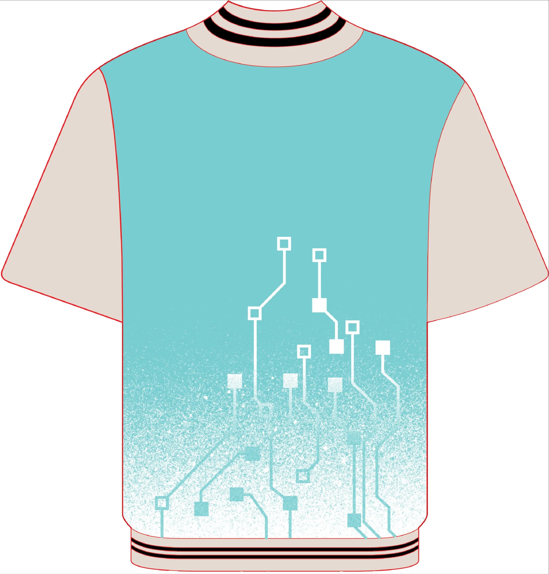 Technical flat of the Chip Body bomber back with a white screen-printed GPU chip and circuit traces over faded cyan denim