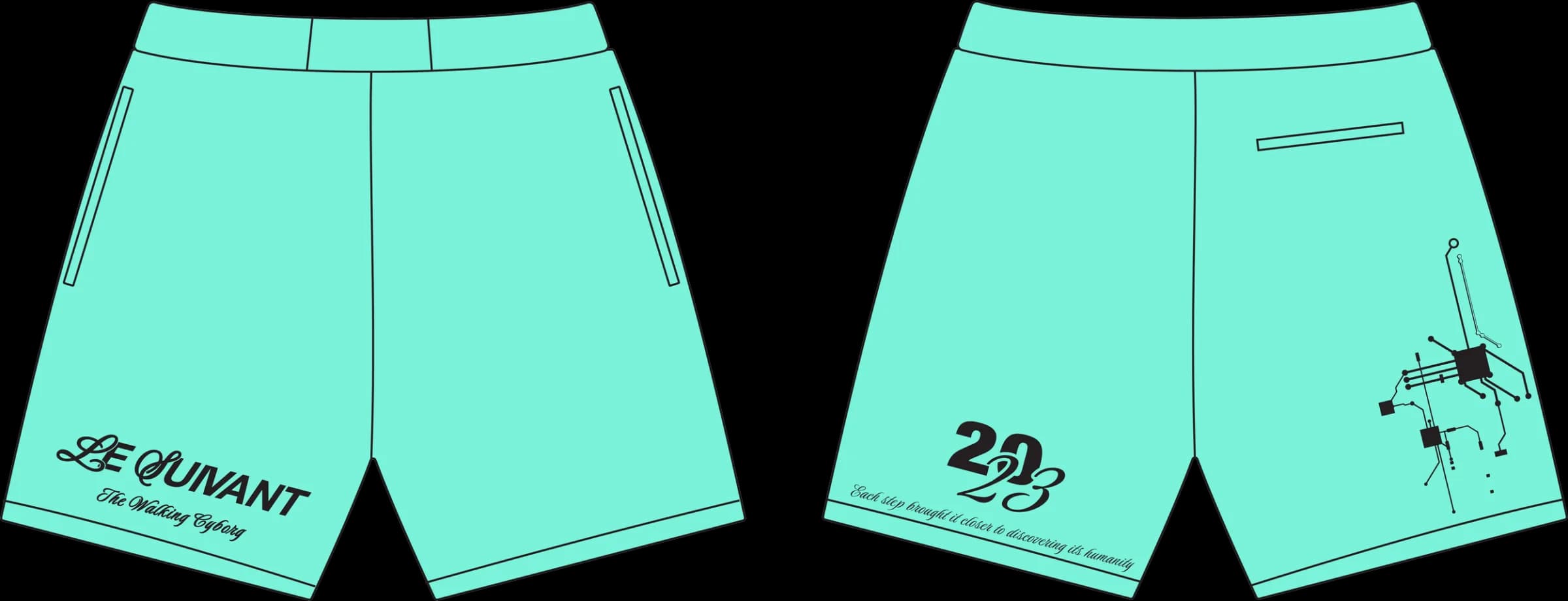 Front and back technical flats of the cyan Cyborg Classic shorts: Le Suivant The Walking Cyborg script on the front, a motherboard graphic on the back