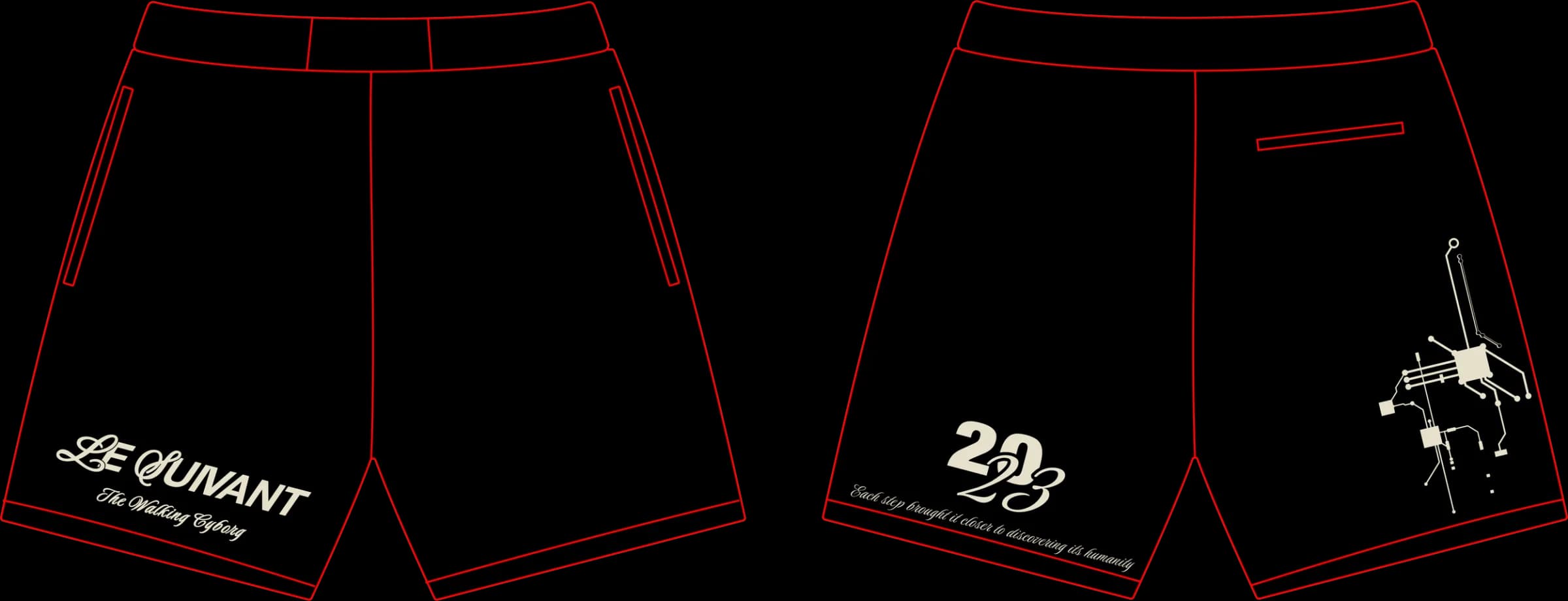 Front and back technical flats of the black Cyborg Classic shorts with red outline, white script and motherboard graphic