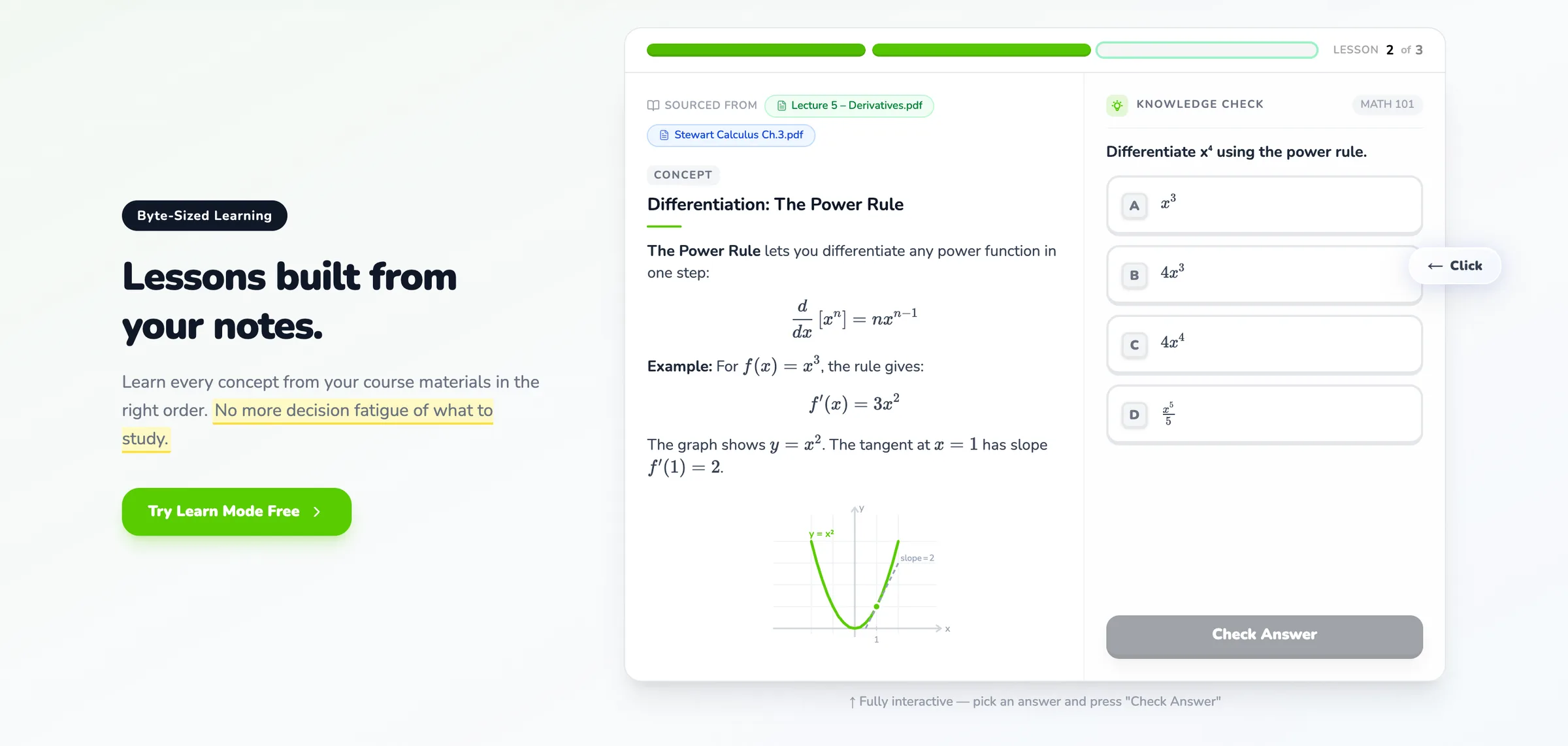 Landing-page section “Lessons built from your notes”: an interactive lesson card sourced from “Lecture 5 – Derivatives.pdf”, explaining the power rule with KaTeX and a plotted tangent, beside a knowledge-check question.
